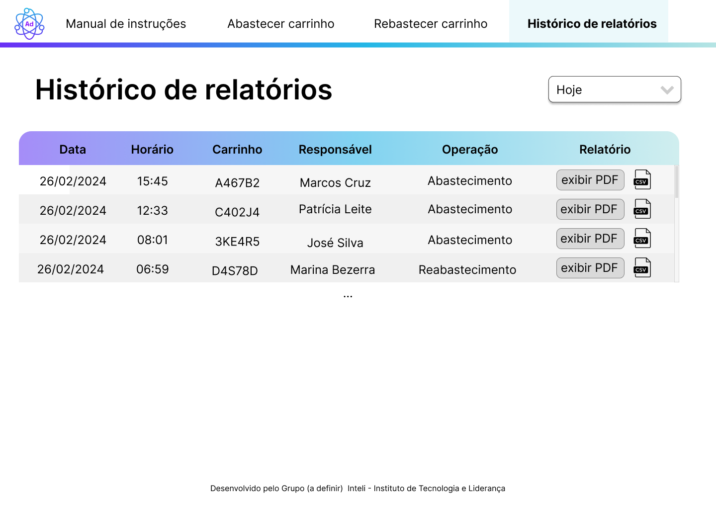 Mockup histórico de relatórios