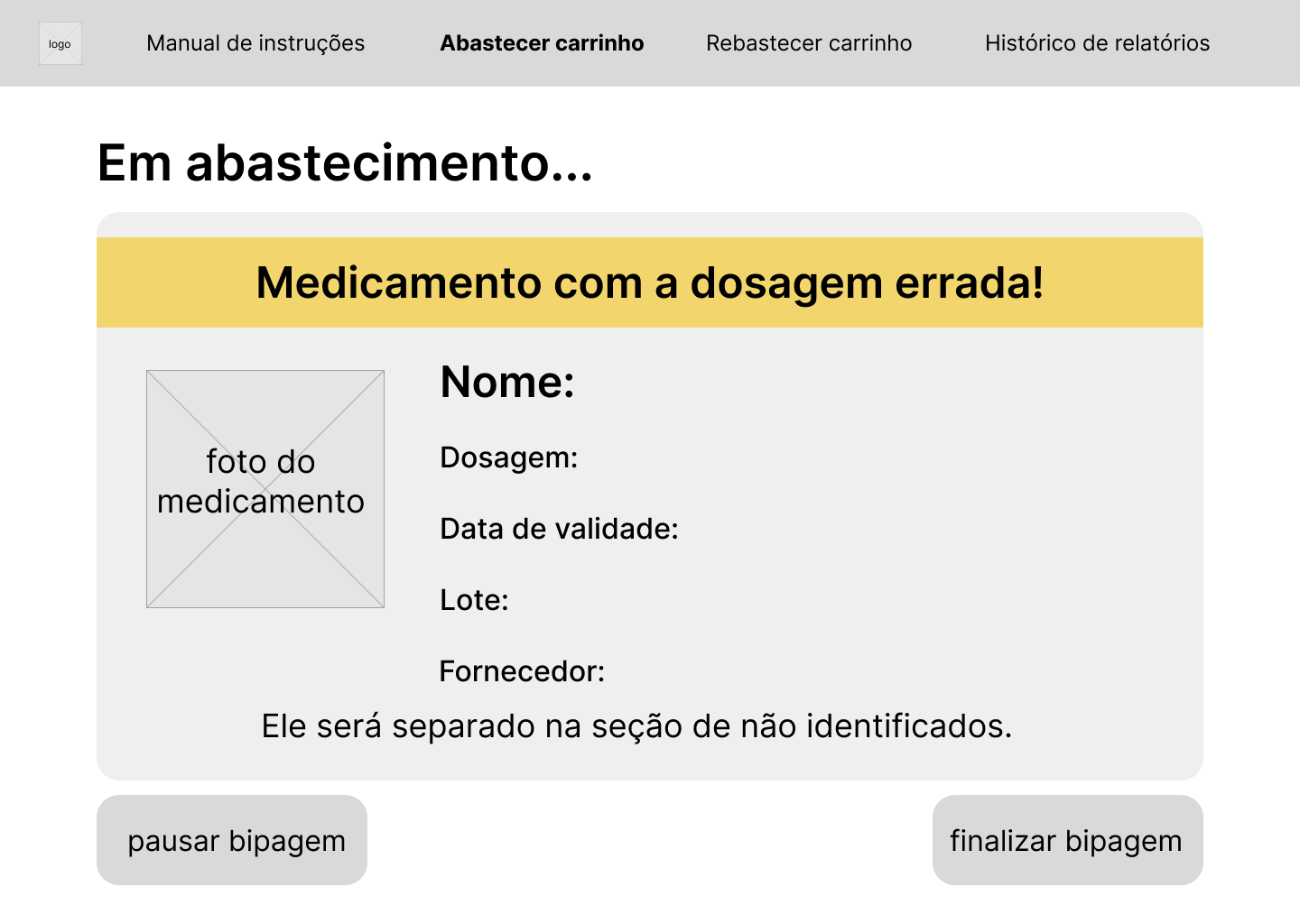 Wireframe identificação medicamento com dosagem errada