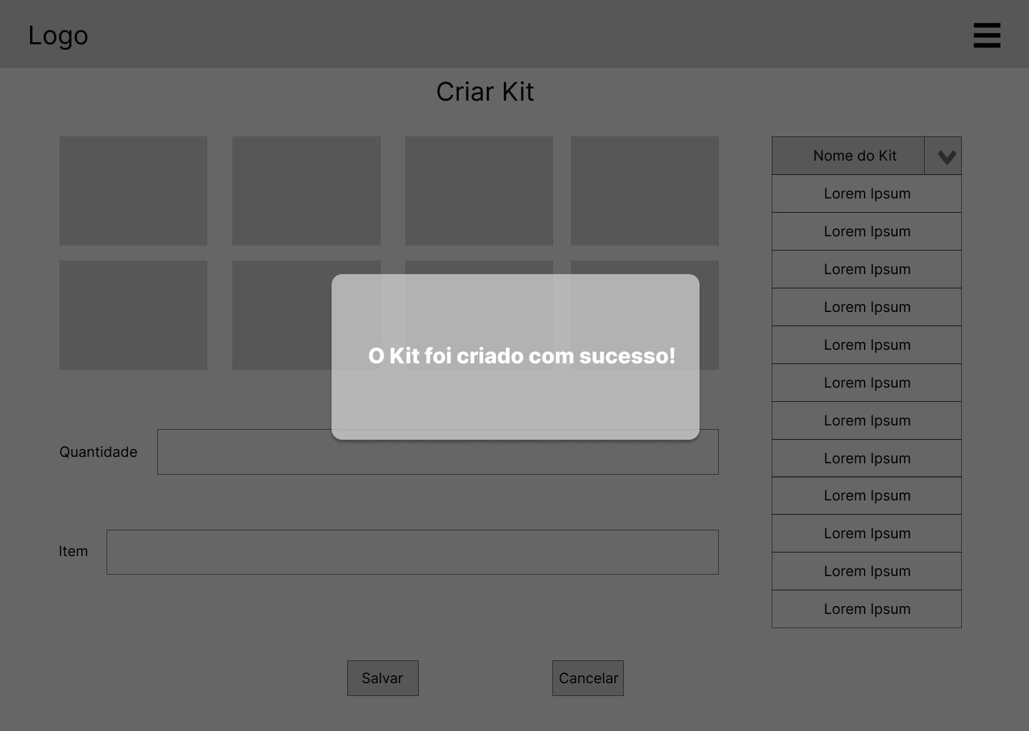 Pop up da tela de criar/editar kit