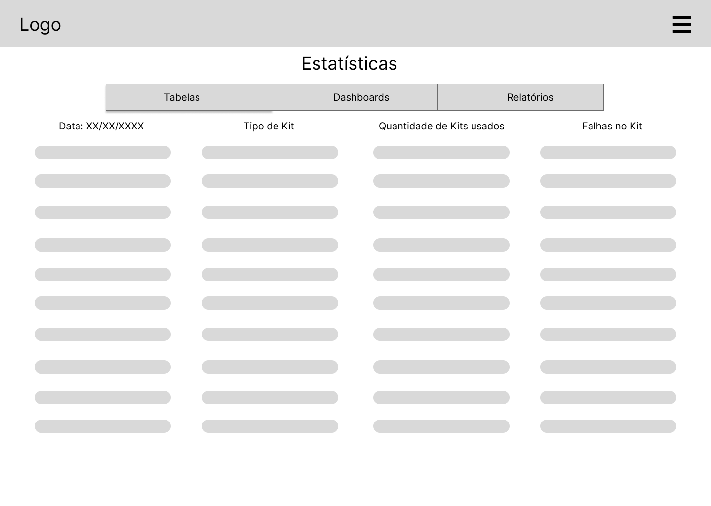 Tela de estatísticas em formato de tabela