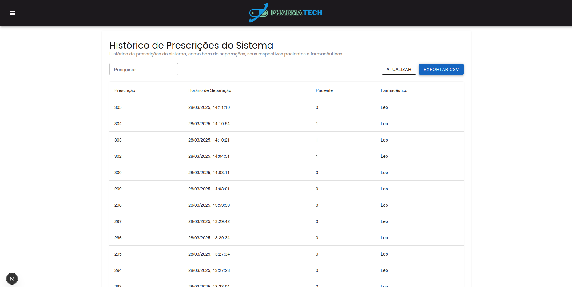 Frontend do Histórico de Prescrições