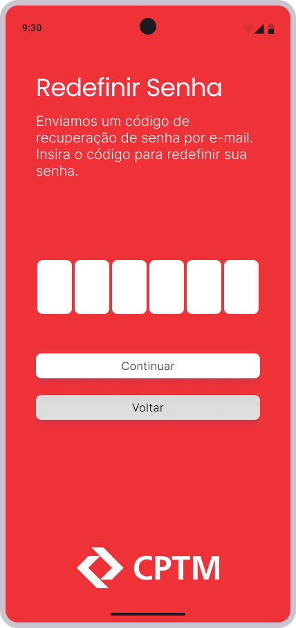 Tela de Código para Redefinir Senha