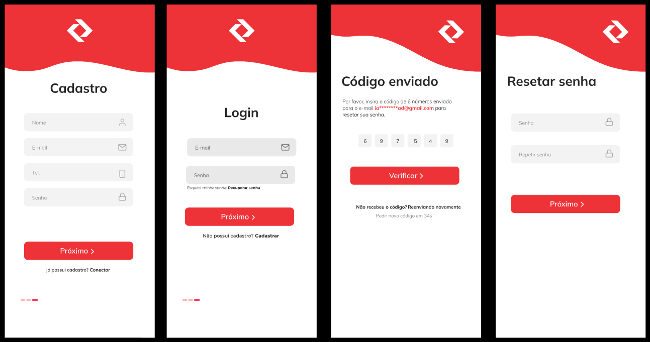 Tela de cadastro e login