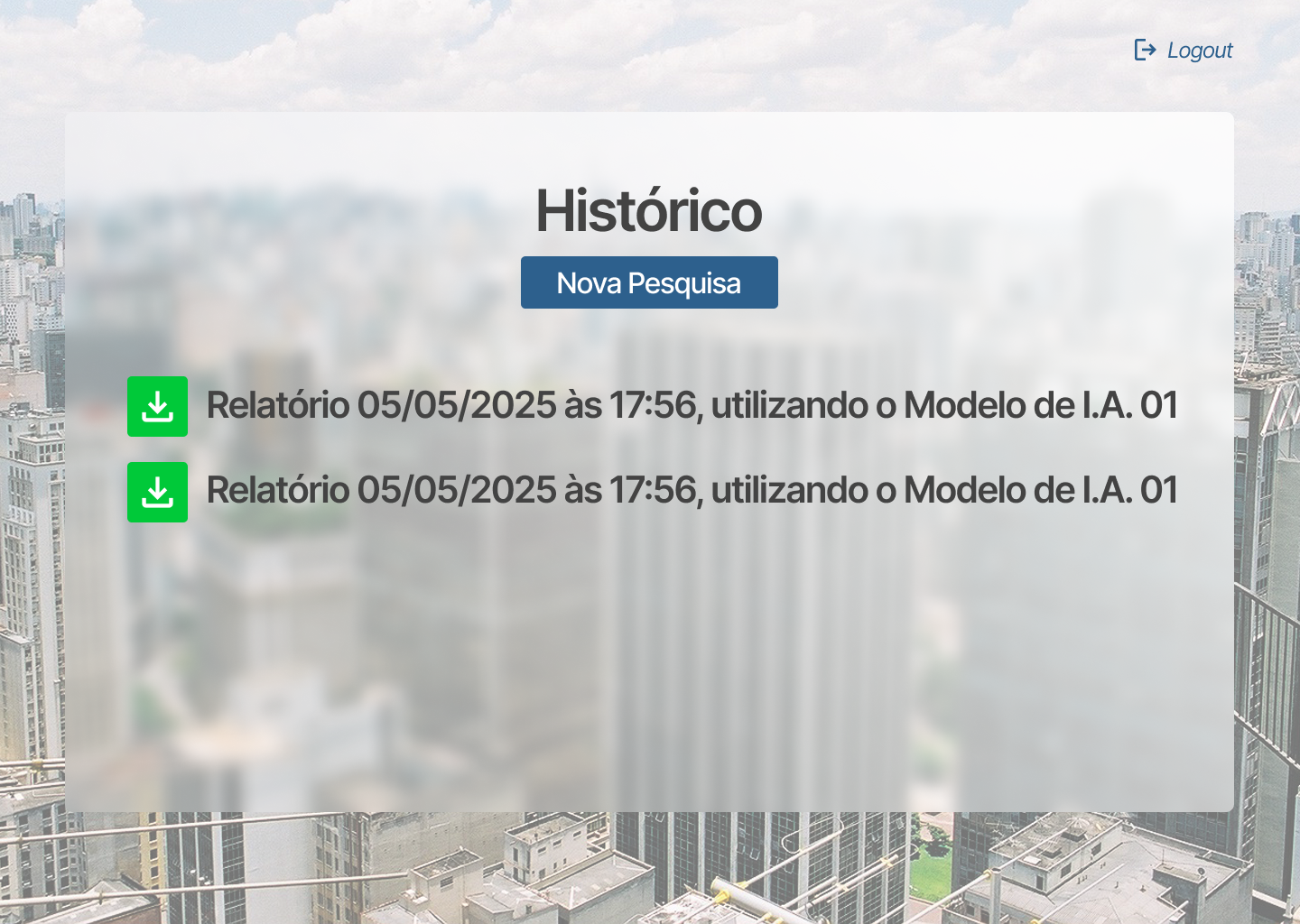 Tela de histórico de relatórios