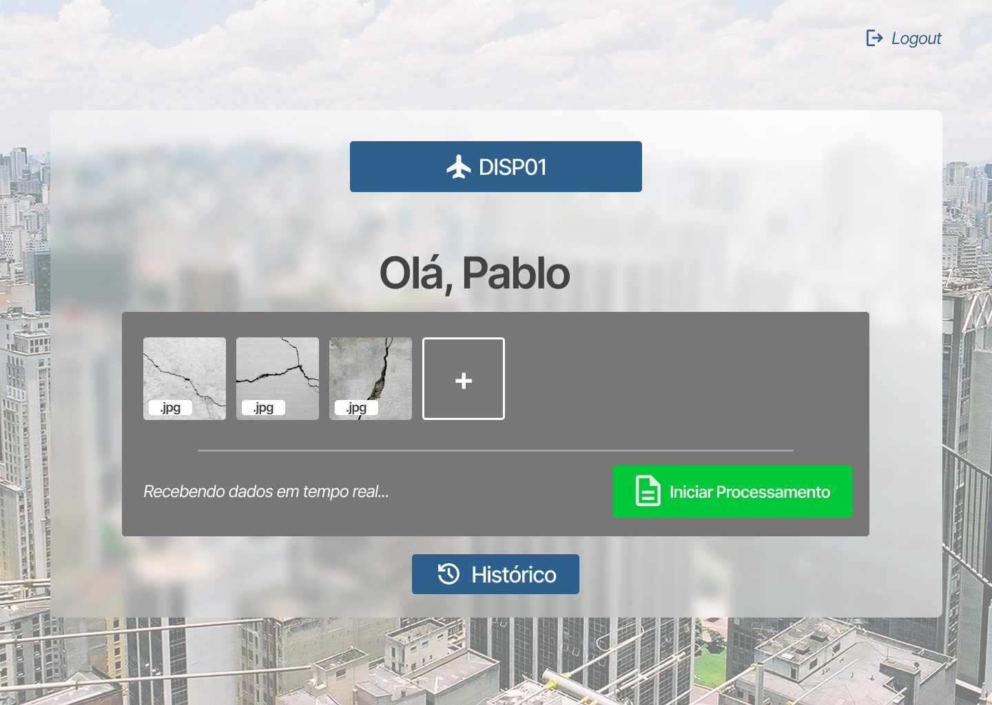 Home Page com upload de imagens realizadas por conexão com o drone