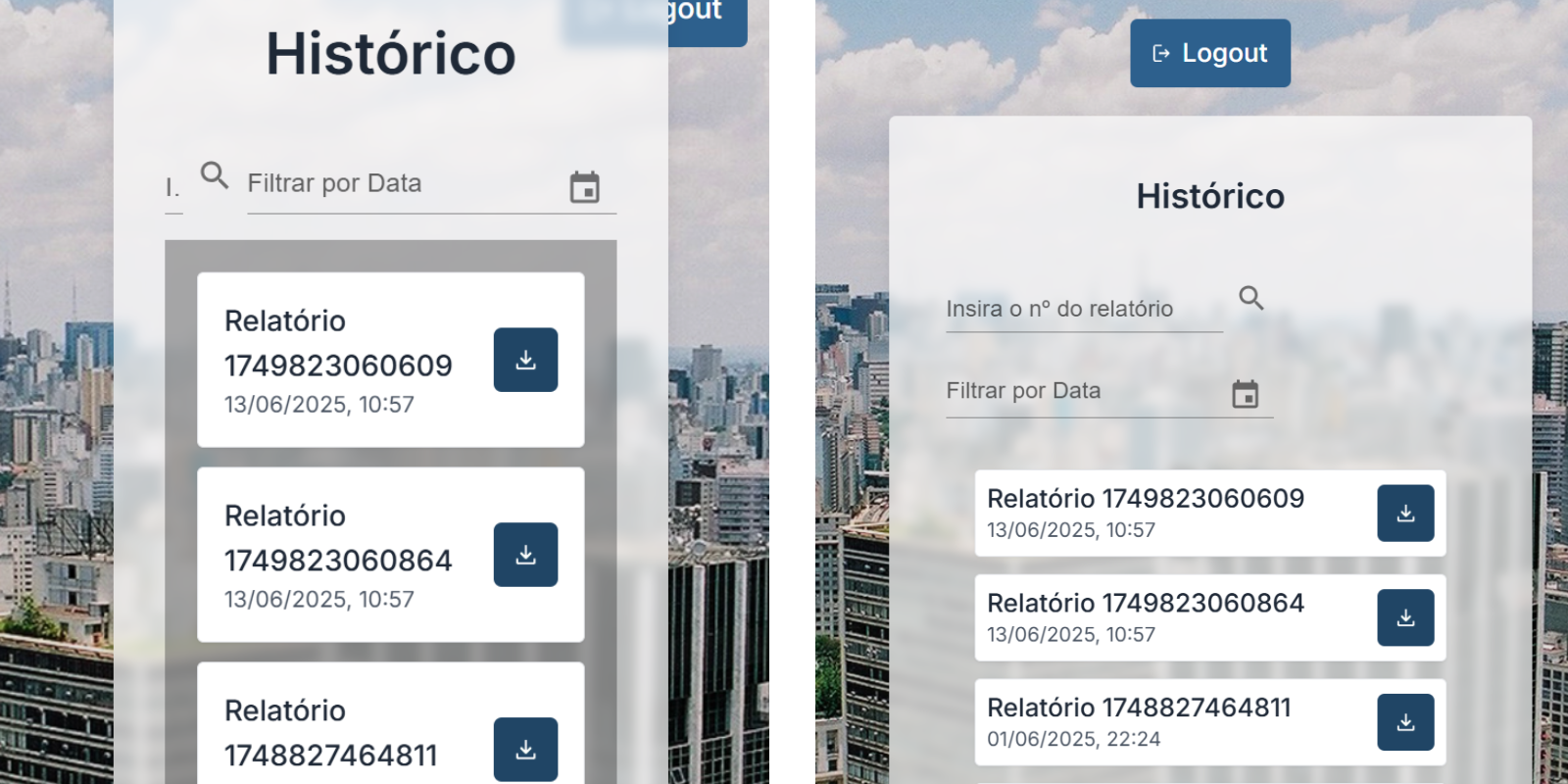 Comparação entre a tela de histórico sem responsividade (à esquerda) e com responsividade (à direita)