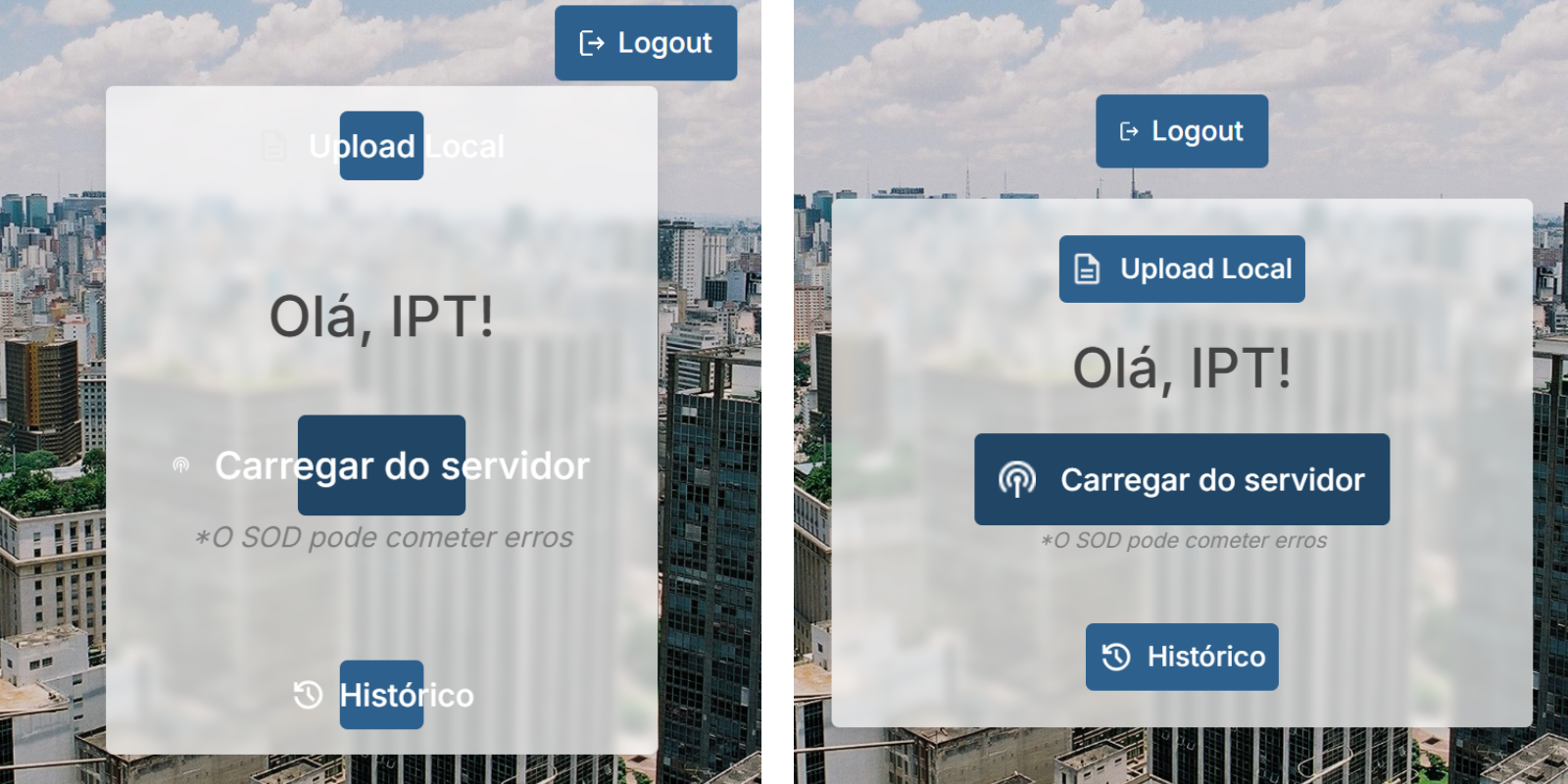 Comparação entre a tela de home sem responsividade (à esquerda) e com responsividade (à direita)