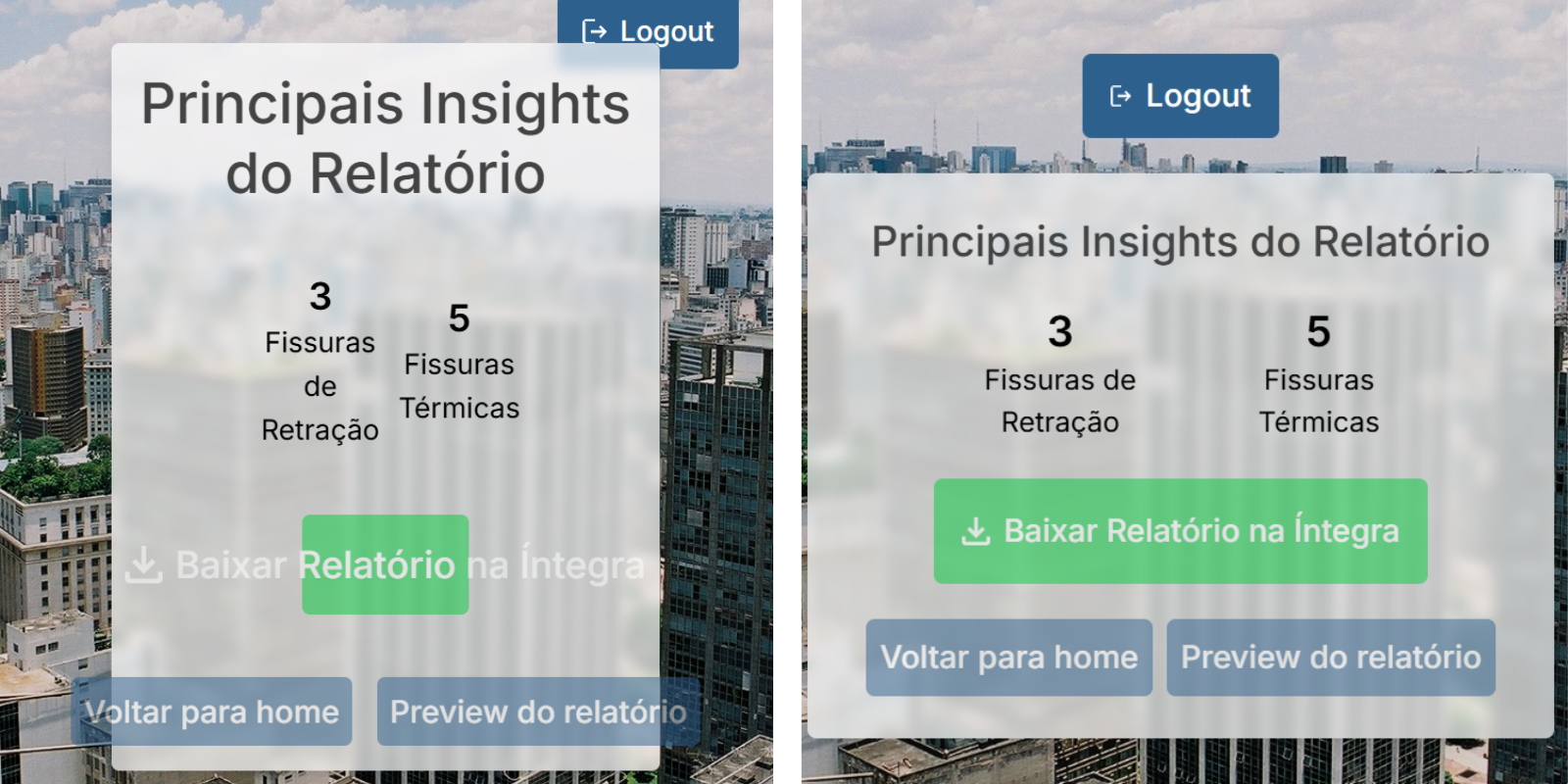 Comparação entre a tela de resultados sem responsividade (à esquerda) e com responsividade (à direita)
