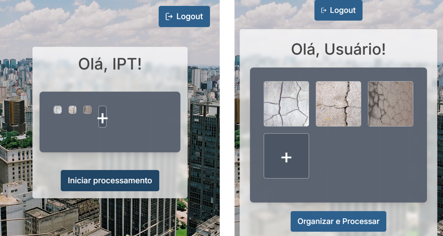Comparação entre a tela de upload sem responsividade (à esquerda) e com responsividade (à direita)