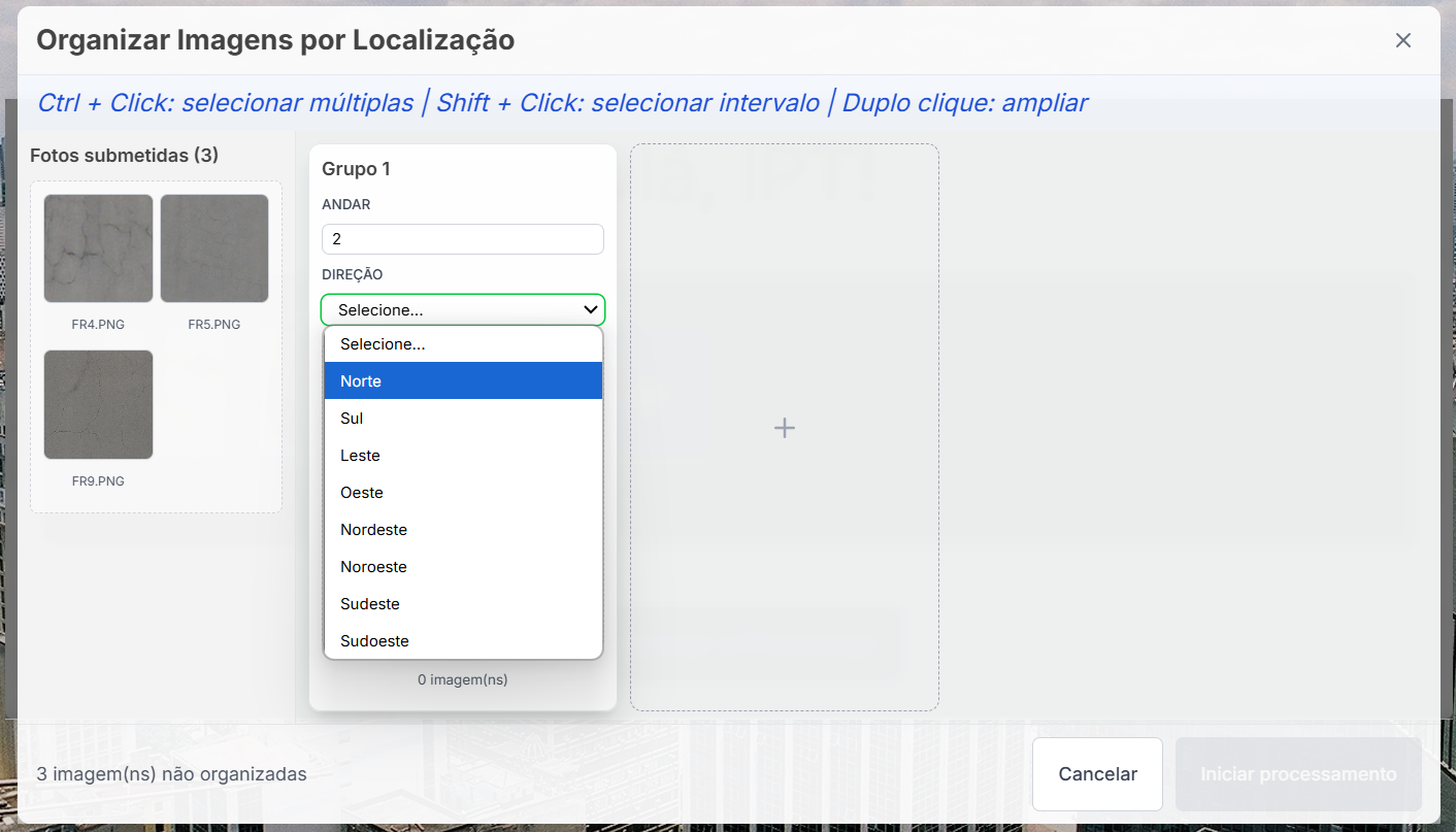 Interface completa do sistema de drag and drop mostrando as três colunas: imagens disponíveis, grupos criados e visualização detalhada