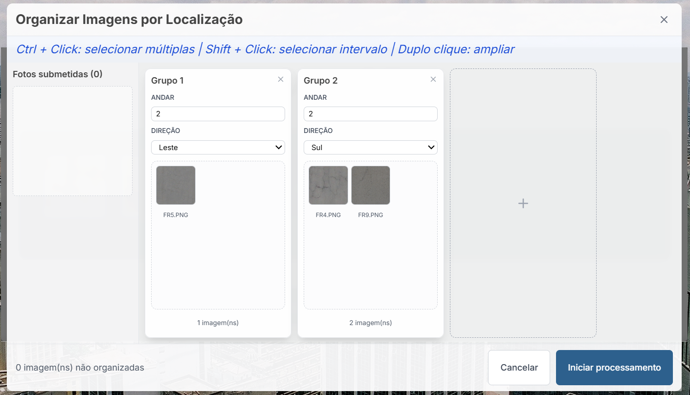Interface de criação de grupos mostrando os campos para seleção de andar e direção (rosa dos ventos)