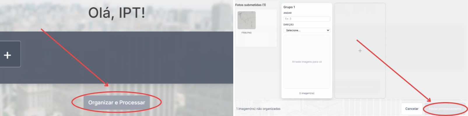 Demonstração de usabilidade com os botões desabilitados na tela de uploads (à esquerda) e na tela de organização de imagens (à direita)